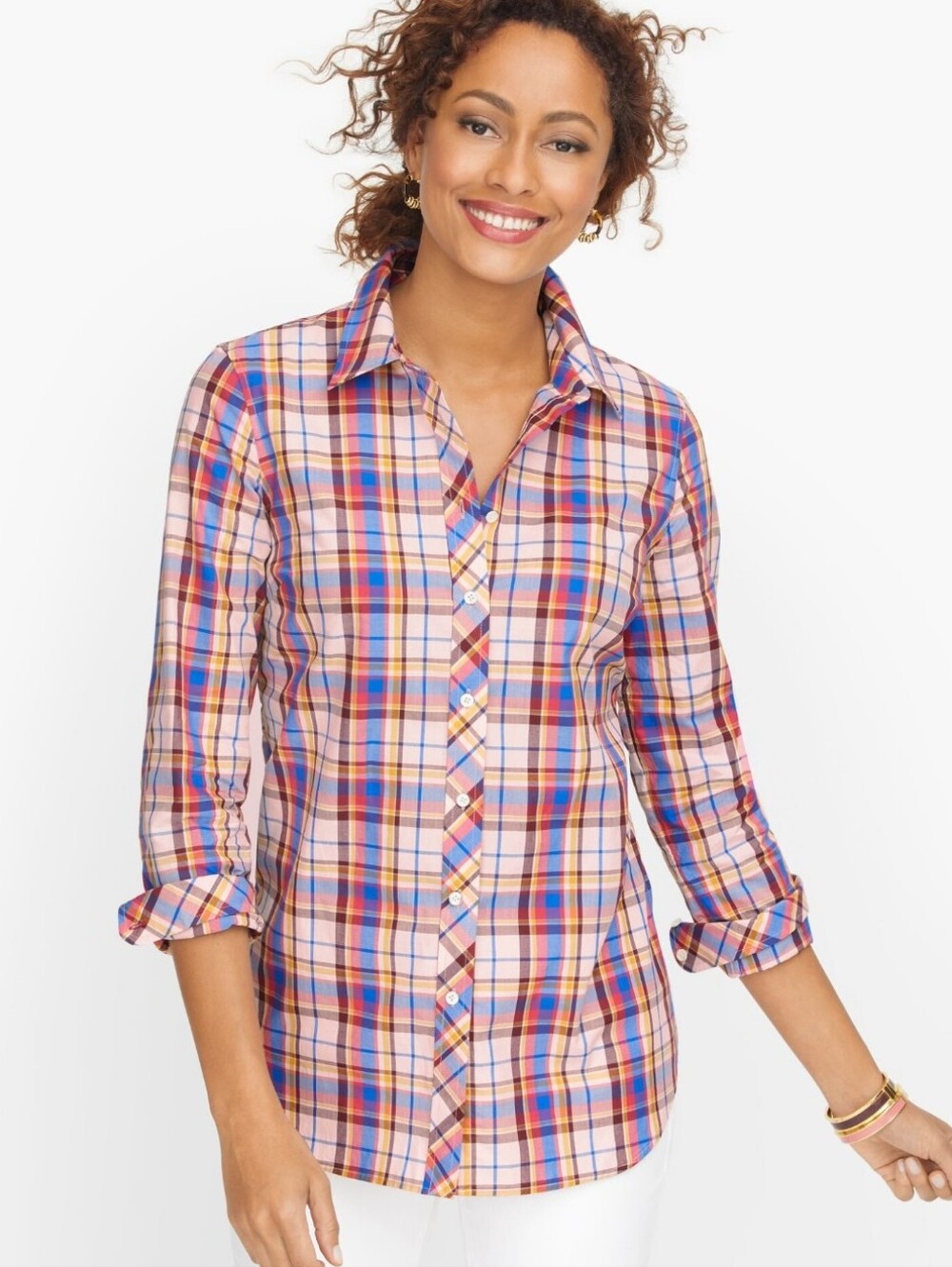 NWT Talbots Pink Plaid Button-Down Shirt with Blue & Orange Accents